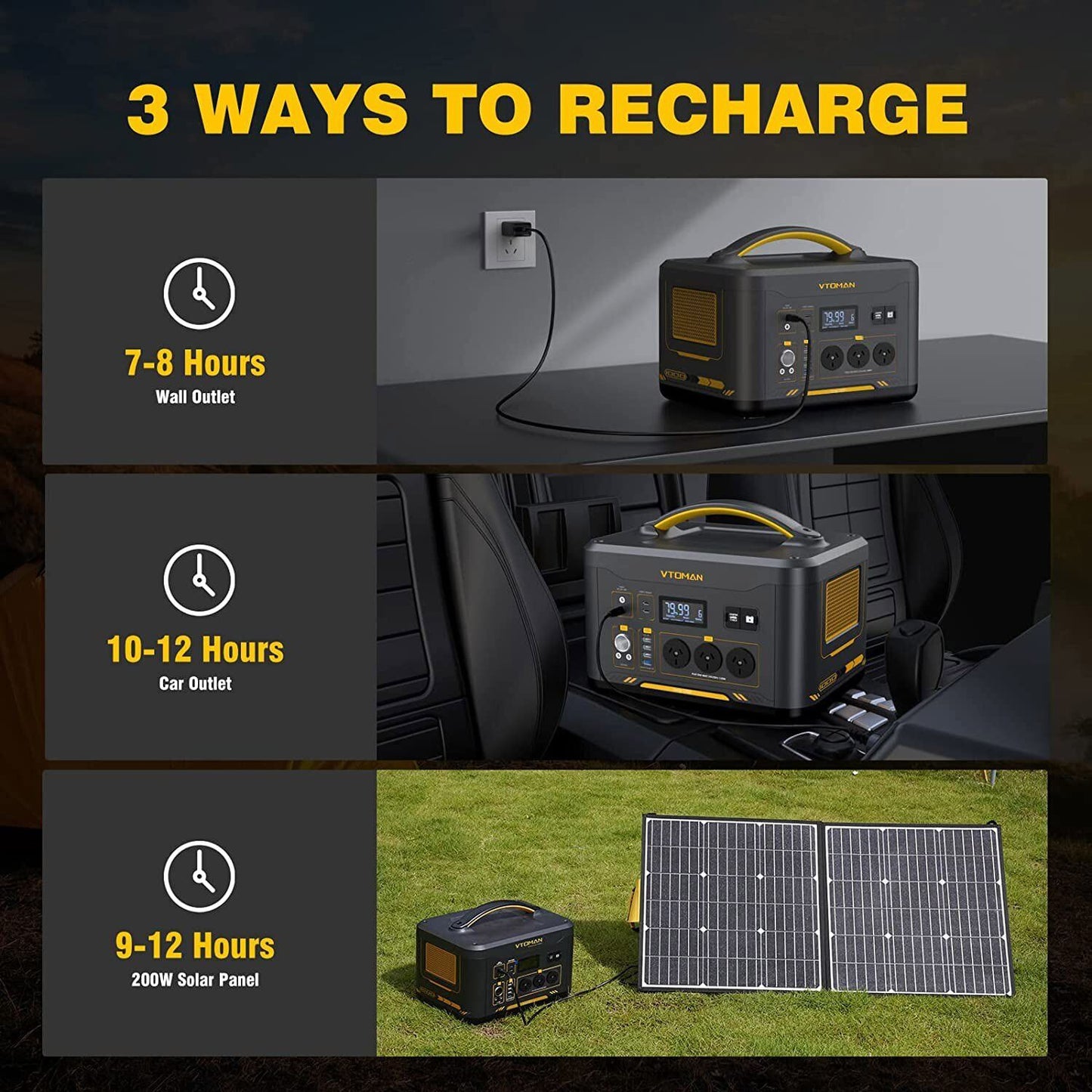Vtoman 1000W 1408Wh 10A Black Portable Power Station - Solar charge option
