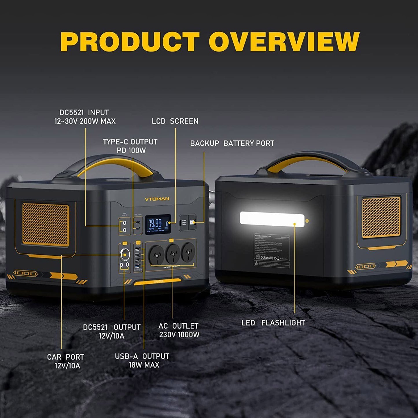 Vtoman 1000W 1408Wh 10A Black Portable Power Station - Solar charge option