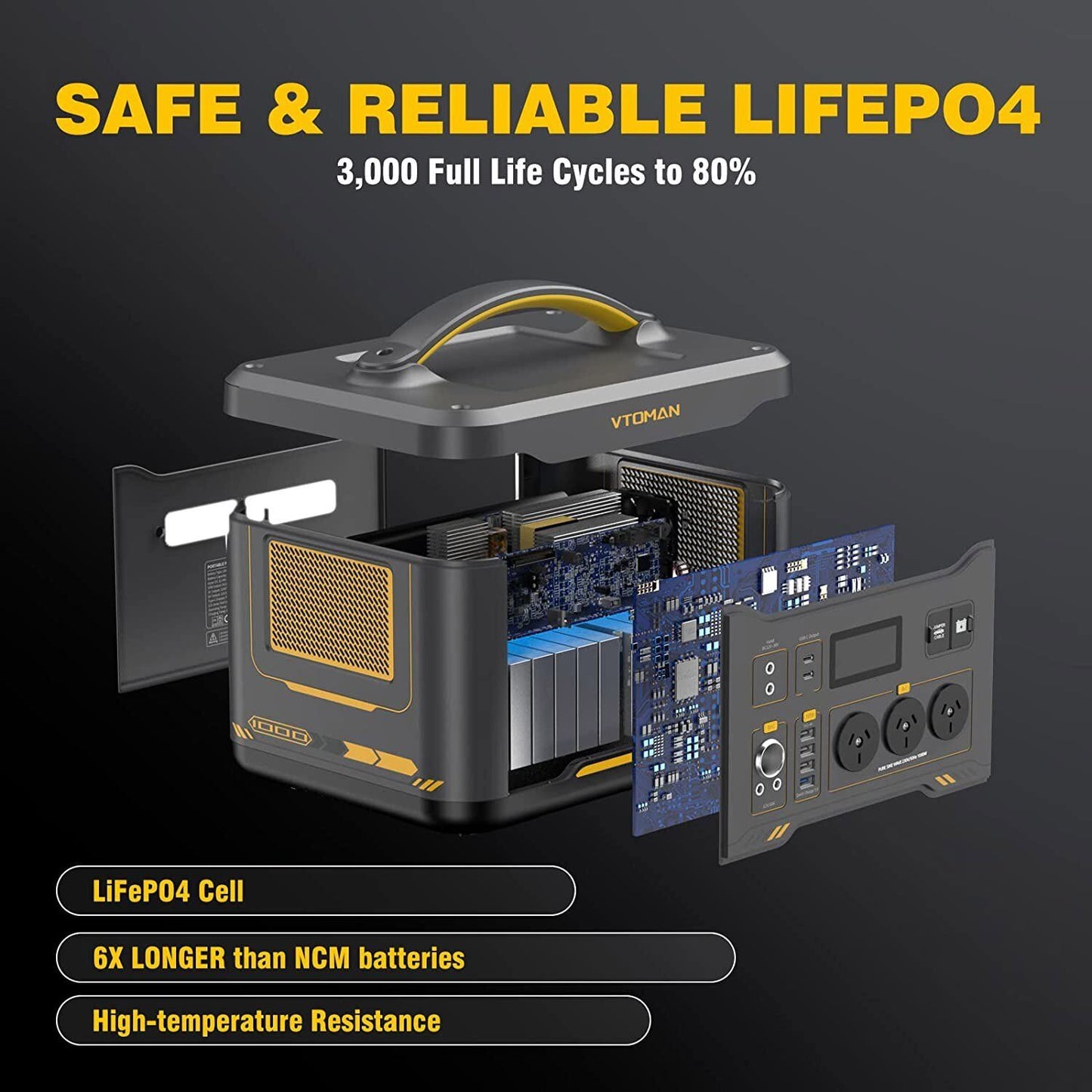 Vtoman 1000W 1408Wh 10A Black Portable Power Station - Solar charge option