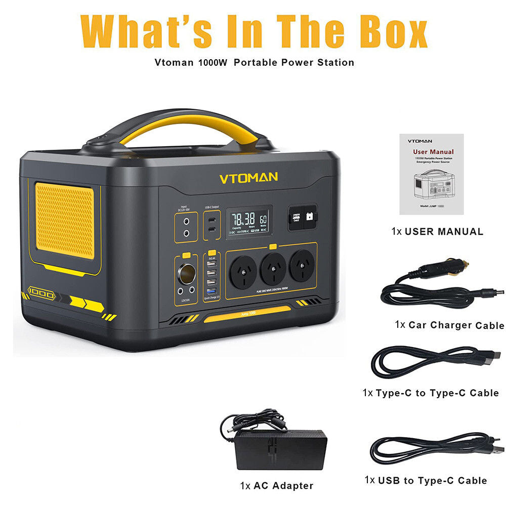 Vtoman 1000W 1408Wh 10A Black Portable Power Station - Solar charge option
